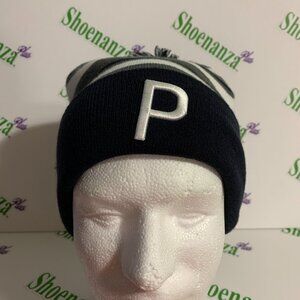PUMA Beanie P Stripe Hat Cuffed Knit Cap Pom Enjoy Golf Navy Blue White One Size
